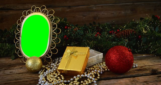 Rustic Wooden Holiday Table with Gifts, Baubles and Green Screen Frame - Download Free Stock Photos Pikwizard.com