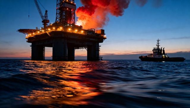 Offshore oil rig flaring at dusk with tugboat, glowing lights and vivid water reflections