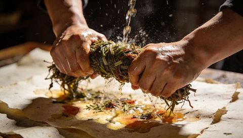 Artisan hands squeezing organic herb bundle under running water over stained paper