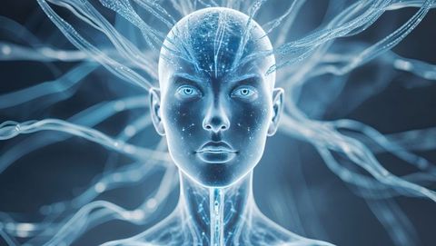 Futuristic ai head with glowing data lines and neural networks