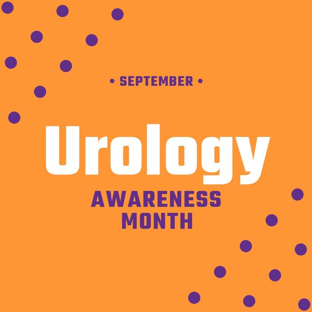 Illustration of september, urology awareness month text with purple dots on orange background. Copy space, vector, urological disease, cancer, support, awareness, healthcare and prevention.