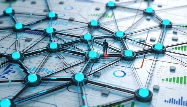 Silhouette Standing on Central Glowing Hub Over Cyan Nodes and Finance Data Network