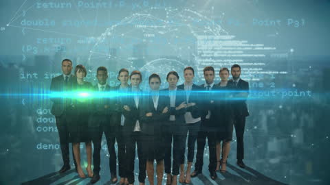 Diverse Business Team Standing Against Digital Data Interface Background