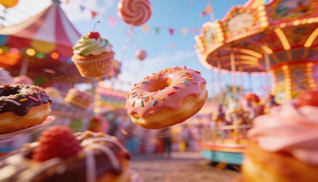 Floating pink-glazed donut with rainbow sprinkles over vibrant carnival carousel
