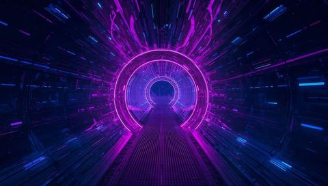 Futuristic neon portal in spaceship corridor
