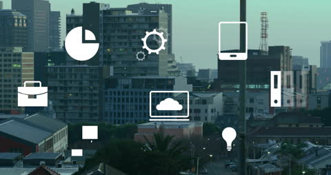 Digital Financial Data Icons Overlapping Urban Skyline