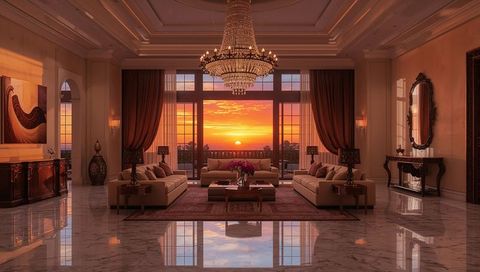 Glowing Opulent Living Room Bathing in Sunset Light with Crystal Chandelier, Marble Floors