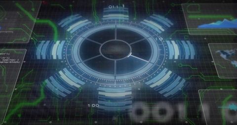 Futuristic holographic hud interface with circular data wheel and neon circuit traces