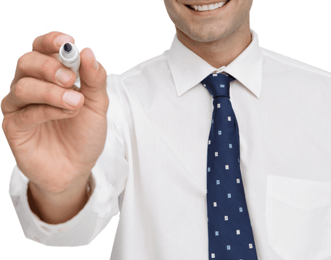 Smiling businessman holding marker pen on transparent background