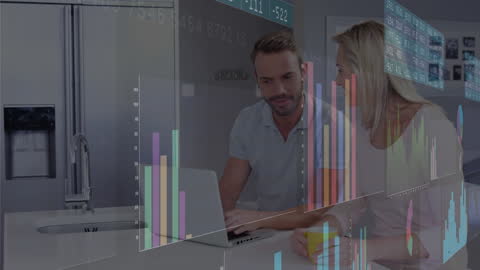 Couple Analyzing Financial Charts at Home with Laptop and Graph Overlays