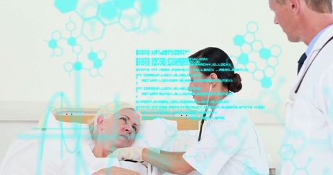 Nurse Using Stethoscope on Senior Patient with Digital Interface