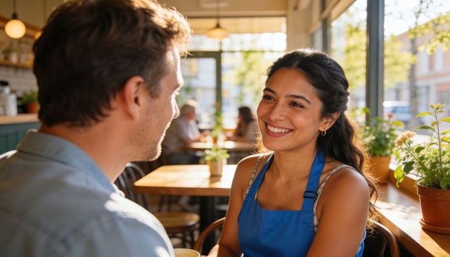 Smiling barista taking order from customer in sunlit café with plants and wooden tables