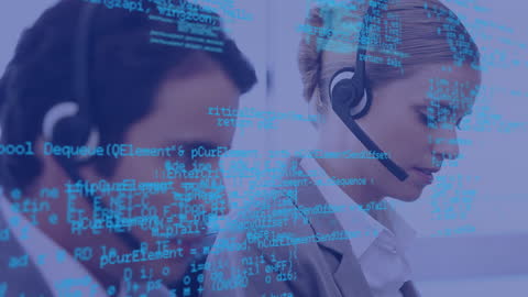 Customer Support Executives Analyzing Data Code Overlay