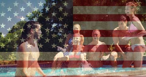 Group Enjoying Pool Party with American Flag Overlay