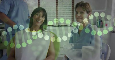 Digital DNA Overlay with Smiling Doctor and Patient in Medical Office