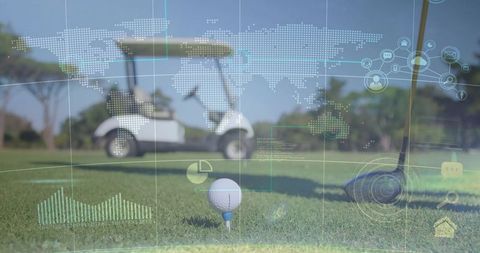 Golf ball on tee with driver and cart, sportstech hud overlaying analytics and world map