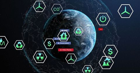Futuristic Digital Globe with Sustainability and Technology Icons