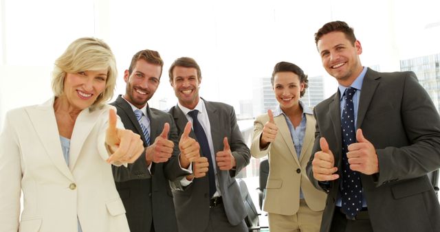 Business people putting hands together and giving thumbs up in the office