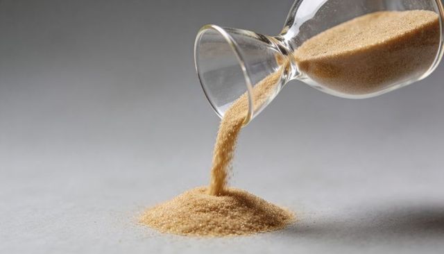 Glass hourglass pouring tan sand into conical pile on gray background, minimalist closeup