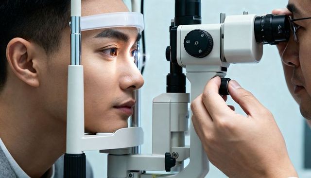 Young man receiving slit-lamp eye exam while clinician adjusting biomicroscope for diagnosis