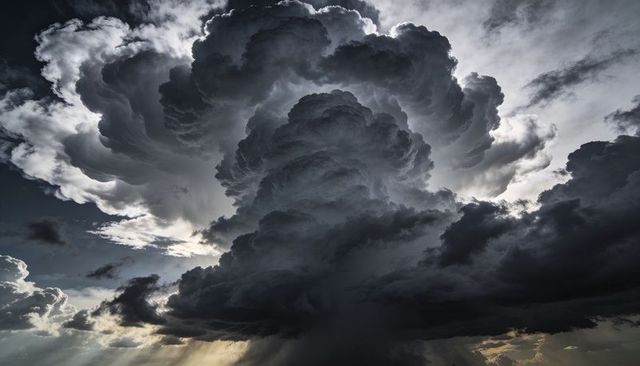 Towering cumulonimbus cloud rising over plain with anvil top, rain shaft and sun rays
