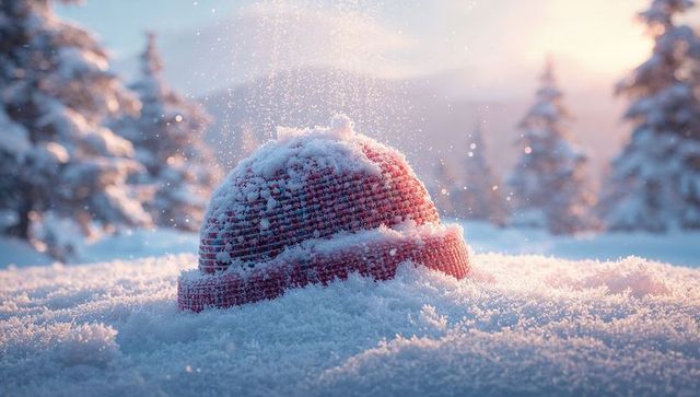 Red knit beanie nestling in powder snow at sunrise, frosty pine meadow backlit