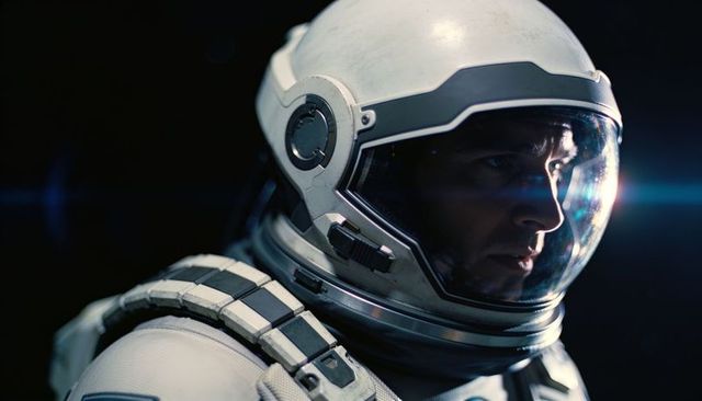 Staring astronaut in high-tech white spacesuit with visor flare and intense profile