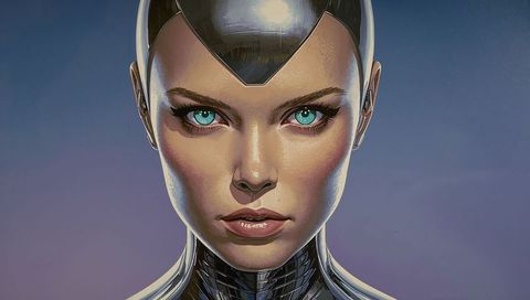 Futuristic feminine android portrait with teal eyes, chrome forehead plate, sleek neck