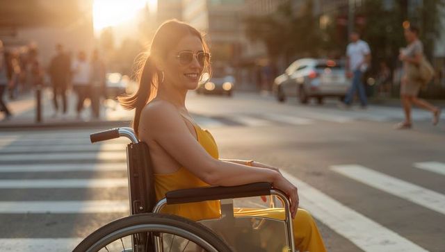 Empowered Woman in Wheelchair Amidst Vibrant Urban Sunset