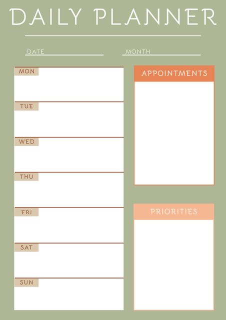 This versatile weekly planner template has separate columns for each day of the week, as well as sections for appointments and priorities. Ideal for personal use, work, or academic settings to keep track of essential tasks, manage time efficiently, and stay organized. This layout features a green and beige color scheme, providing a calm and professional appearance.