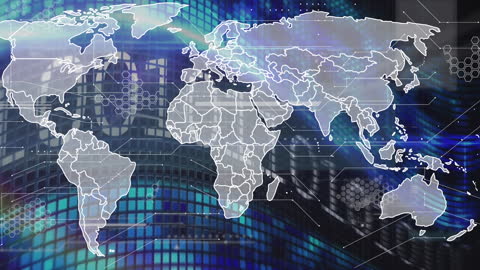 Global World Map Overlaid with Binary Code and Digital Display
