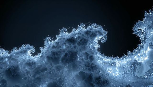 Surging Cresting Wave with Foamy Splash, Droplets and Mist on Dark Blue Gradient