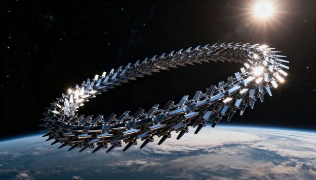 Shimmering toroidal satellite ring orbiting earth with reflective solar arrays and antennae