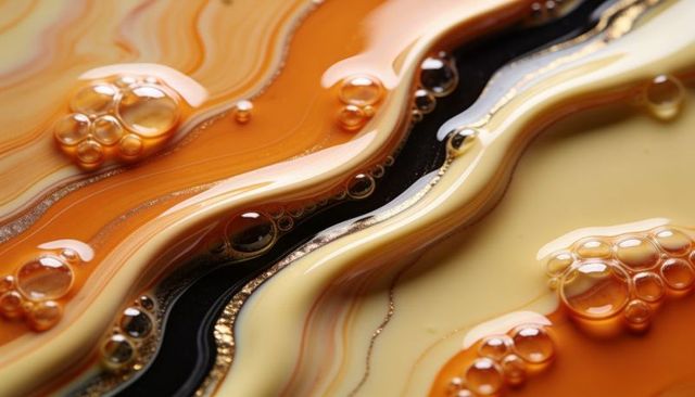 Flowing amber and cream marbled liquid with glossy bubbles and gold veins