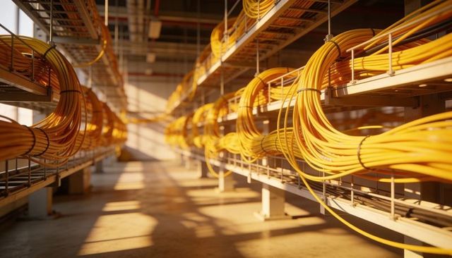 Coiled yellow fiber optic cables running along metal cable trays in industrial facility