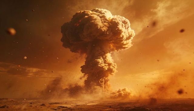 Massive mushroom cloud over desert wasteland, fiery blast sending embers and ash skyward