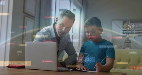 Father guiding son doing homework with laptop and social media overlays for home learning