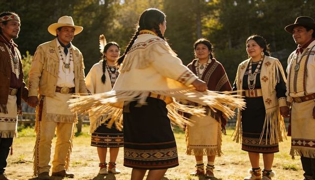 Native american circle dance in sunlit meadow wearing traditional fringe regalia