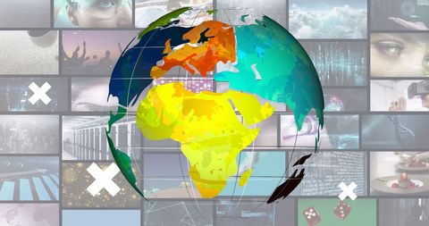 Colorful globe with digital video screens and data technology