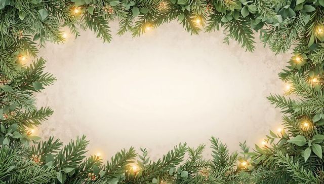 Vintage parchment holiday garland frame featuring pine, fir, eucalyptus and warm lights