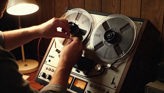 Hands threading tape on vintage reel-to-reel recorder with warm studio lamp glow