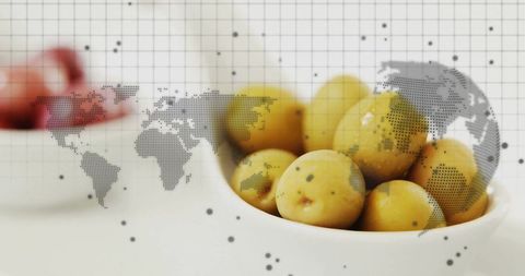 Fresh Yellow Plums in White Bowl with World Map Overlay