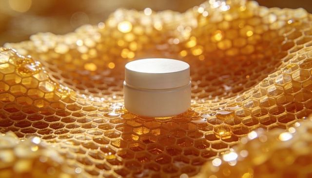 Resting white cosmetic jar on honeycomb with amber honey droplets and warm golden bokeh