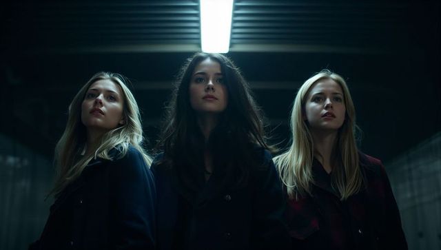 Standing trio of women in moody subway corridor under fluorescent light
