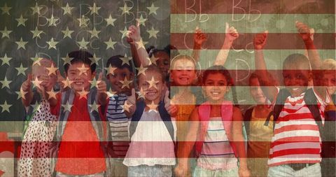 Diverse Children in Classroom Behind American Flag Overlay - Download Free Stock Images Pikwizard.com