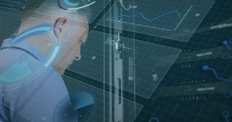 Image depicts a server technician working with complex digital overlays, highlighting data and network management. Useful for illustrating themes related to data analytics, IT workplace environments, modern technology advances, and the global communication network infrastructure.