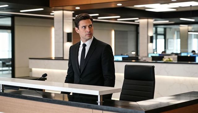 Businessman standing at modern marble reception desk in office lobby, greeting guests