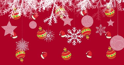 Festive Holiday Ornaments and Snowflakes Red Background