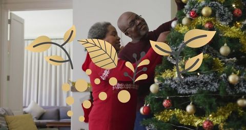 Joyful Couple Decorating Christmas Tree Together for Holiday