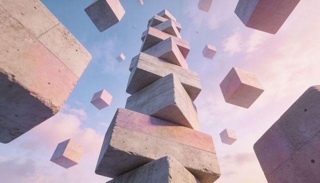 Spiraling tower of concrete cubes in pastel sky, surreal 3D architecture, floating blocks